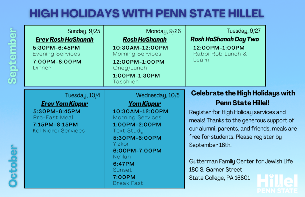 High Holiday Schedule Penn State Hillel Penn State Hillel
